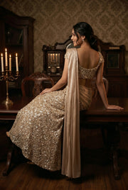 Nude Mesh & Glass Tissue Draped Lehenga Set